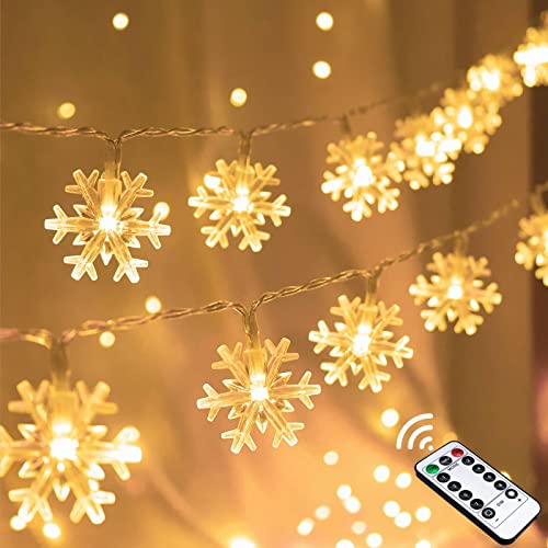 Christmas Snowflake Lights, 20 FT 40 LED Battery Operated String Lights with Remote, 8 Modes Timer Waterproof Hanging Decor Bedroom Room Party Wall Indoor Outdoor Xmas Tree Decorations Warm White