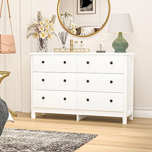 SINROM White Dresser for Bedroom, Modern 6 Drawer Dresser for Kids Room, Wide Chest of Drawer with Black Pulls