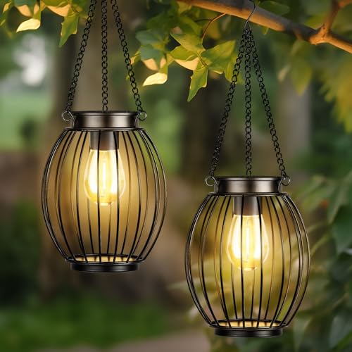 Solar Lantern, Solar Lights for Outside, Waterproof Outdoor Hanging Lanterns, Metal Solar Powered Tree Lights with Hook, Garden Christmas Decor Lighting for Patio Porch Pathway, Bulbs Include, 2 Pack