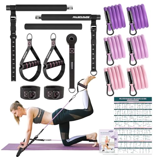 Pilates Bar Kit for Women, 3-Section Screw Portable Pilates Bar with Metal Adjustable Buckle, Resistance Bands with Durable Carabiner, Multifunctional Pilates Bar for Full-Body Workout