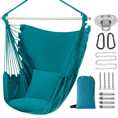 PNAEUT Hammock Chair XXL Size, Hanging Chair, Swing Chair, Max 550 Lbs, Patented Headrest, 2 Cushions, Large Size with Pocket, Steel Spreader Bar, Hardware Kits and Bag for Indoor Outdoor (Aqua)