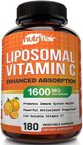 NutriFlair Liposomal Vitamin C 1600mg, 180 Capsules - High Absorption, Fat Soluble VIT C, Antioxidant Supplement, Higher Bioavailability Immune System Support & Collagen Booster, Non-GMO, Vegan Pills