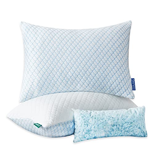 Uniqwamer Cooling Bed Pillows for Sleeping 2 Pack - Shredded Memory Foam Adjustable Pillows Standard Size Set of 2 for Side Back Sleepers - Luxury Extra Comfy Gel Pillows with Washable Cover