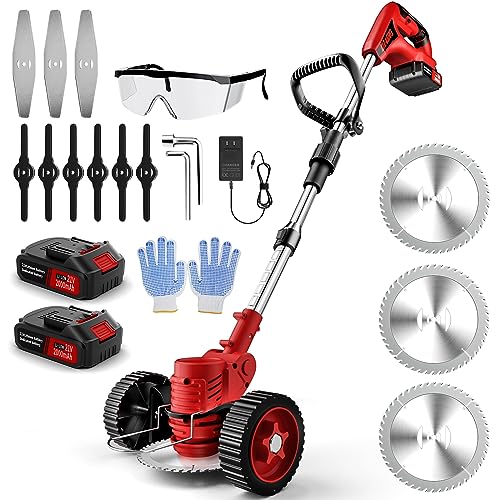 Electric Cordless Weed Wacker, 3-in-1 Small Lightweight Push Lawn Mower Edger Lawn Tool, Grass Trimmer Brush Cutter with 3 Types Blades and 2Pcs 2Ah Rechargeable Battery Powered for Garden Yard