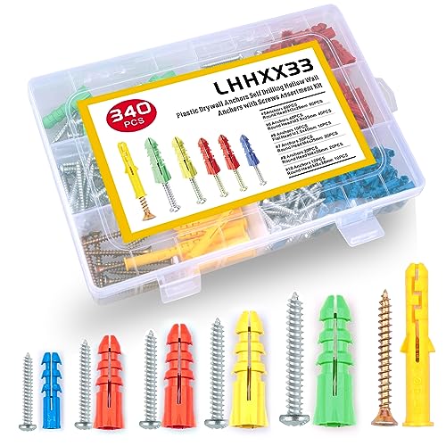 340-Piece Drywall Anchors and Screws Combo Pack - 170 Plastic Wall Anchors and 170 Screws - Assorted Sizes - Organizer Box Included - Screws and Anchors, Wall Anchors and Screws for Drywall