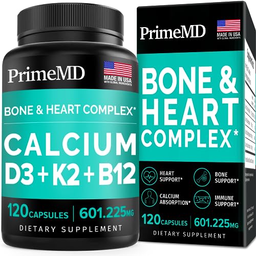 PrimeMD 4-in-1 Calcium Supplements for Women & Men - Calcium 600mg with Vitamin D3 K2 B12 5000 IU Supplement for Heart, Bone & Immune Support (120 Count)