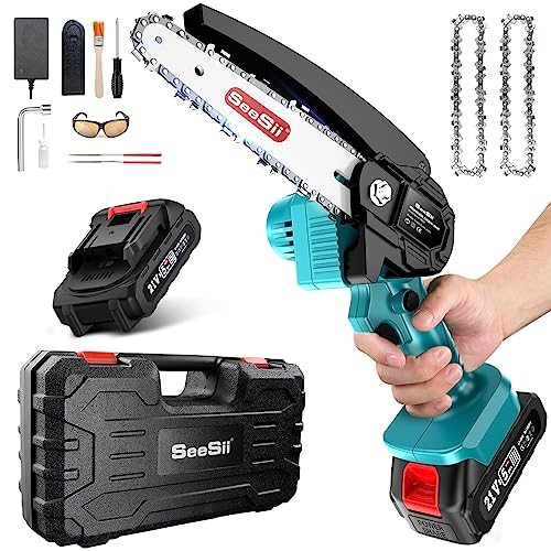 Mini Chainsaw 6-inch Mini Chainsaw Cordless, Seesii Battery Chainsaw with One Big Batteries, 2.62lbs Handheld Electric Power Chain Saw with Safety Lock for Tree Trimming Wood Cutting