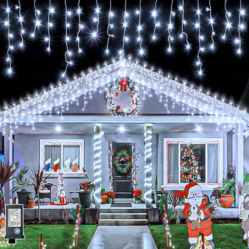 33ft 400 LED Christmas Lights Outdoor - 8 Modes Icicle Lights with 75 Drops, Waterproof Plug in Fairy String Lights with Timer Memory for Party, Holiday, Wedding, Christmas Decoration, Cool White