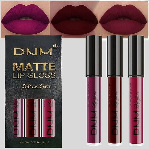 evpct DNM 3Pcs Dark Red Purple Plum Matte Liquid Lipstick Lip Stain Sets for Women Matte+Lipstick Dark Maroon Long Lasting Permanent Lipstick 24 hr Hours Magic Lipstick 24 Hours original Waterproof