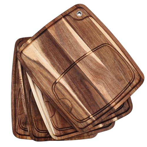 Uiifan 4 Pcs Steak Plates with Juice Channel Wooden Steak Board Set Steak Plates Acacia Wood Cutting Board Wood Serving Board for Home Serving Eating Meat Dishes Snack Dessert, 13 x 11 x 0.6 Inch