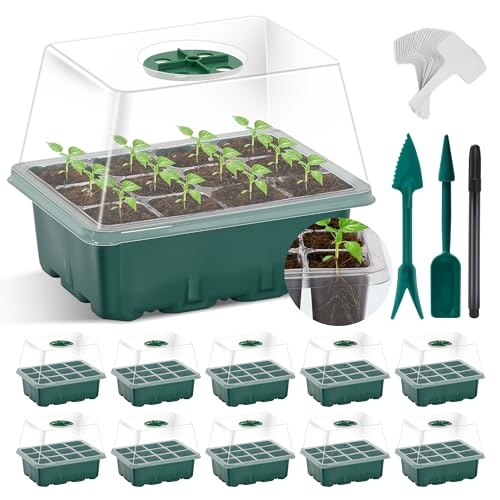 Suntee 10 Pack Seed Starter Tray, 120 Cells Seed Starter Kit with Humidity Dome, Heightened Lids Seedling Starting Trays Reusable Mini Greenhouse Germination Kit for Seeds Growing (Green)