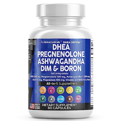 DHEA 200mg Supplement Pregnenolone 100mg for Men & Women with DIM Ashwagandha 3000mg Boron 6mg Complex Calcium Magnesium Zinc 50mg Vitamin D3 5000 iu Hormone Support Capsules Pills - Made in USA 60 Ct