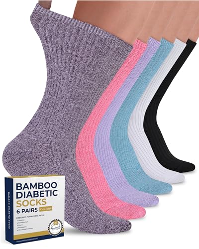 Pembrook Ribbed Knit Bamboo Diabetic Socks - 6 Pairs Crew Bamboo Socks Womens | Neuropathy socks | Diabetic socks for women