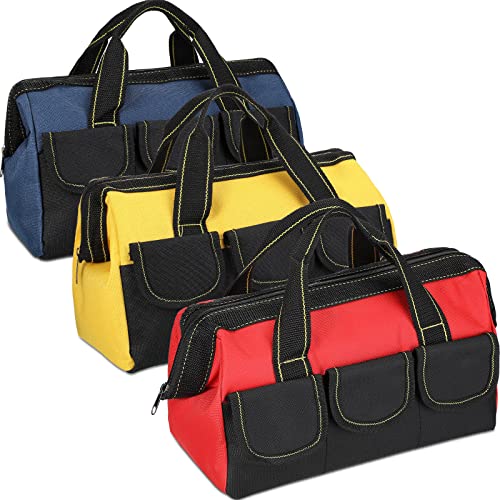 3 Pack Tool Bag for Men with Waterproof Hard Bottom, Heavy Duty Tool Bag Wide Mouth Tool Tote for Various Tools, Electrician Carpenter Mechanic (Blue, Red, Yellow,13 Inch)