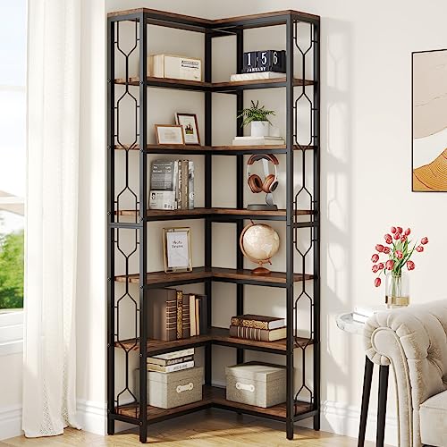 Tribesigns Corner Shelf, 7-Tier Industrial Corner Bookshelf, Wood and Metal Corner Etagere Bookcase, Freestanding Display Shelf for Living Room, Kitchen, Home Office, Rustic Brown