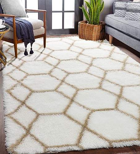 ONASAR Geometric Boho Area Rug for Living Room Bedroom, 4x6 White and Beige Rug, Shaggy Fluffy Area Rugs for Classroom, Dorm, Office, Playroom, Kids Room Decor, Nursery Rug Neutral, Soft Carpet