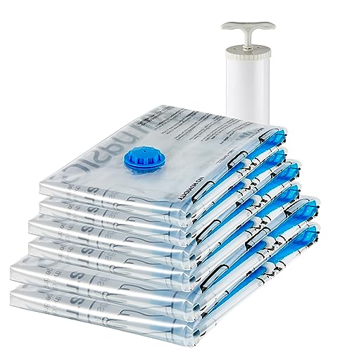 Amazon Basics Multiple Vacuum Compression Storage Bags with Hand Pump - 6-Pack (2 Jumbo, 2 Large, 2 Medium), Transparent