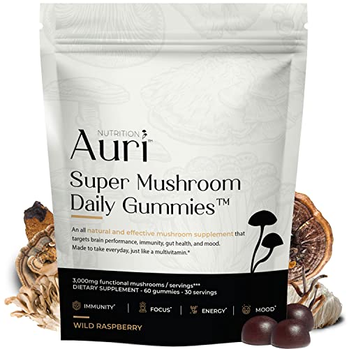 Auri Super Mushroom Gummies - All-in-One Daily Supplement Gummy - 12 Mushroom Blend with Chaga, Lions Mane, Reishi, Cordyceps - Boost Your Immunity, Focus, Energy, Mood - 60 Gummies