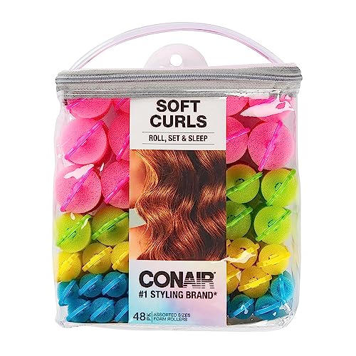 Conair Foam Self Grip Hair Rollers, Hair Curlers with Self Grip, Foam Rollers Color May Vary, Assorted Sizes, 48 Pack