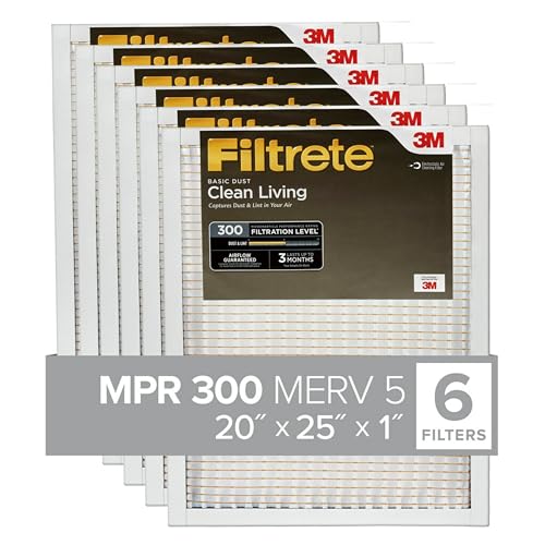 Filtrete 20x25x1 Air Filter, MPR 300, MERV 5, Clean Living Basic Dust 3-Month Pleated 1-Inch Air Filters, 6 Filters