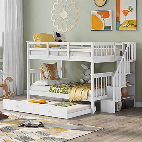 BIADNBZ Stairway Full Over Full Size Bunk Bed with Twin Trundle, Stairs with Storage and Guard Rail, Wooden Triple Bedframe, for Kids Teens Adults Bedroom Dorm, Detachable, White