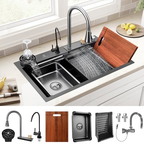 BURCHAIN Drop In Kitchen Sink 31.5 Inch Waterfall Stainless Steel Single Bowl 16 Gauge Gunmetal Gray Workstation Sink with Pull Down Sprayhead Faucet and Cup Washer