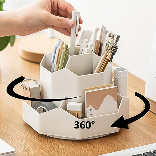 GGIANTGO Pencil Pen Holder for Desk, 9 Slots 360 Degree Rotating Desk Organizer, Cute Pen Organizers Stationery Supplies for Office Home & Art Supply (Beige)