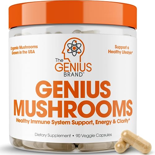 Genius Mushroom - Lions Mane, Cordyceps and Reishi - Immune System Booster & Nootropic Brain Supplement - for Natural Energy, Memory & Liver Support, 90 Veggie Pills