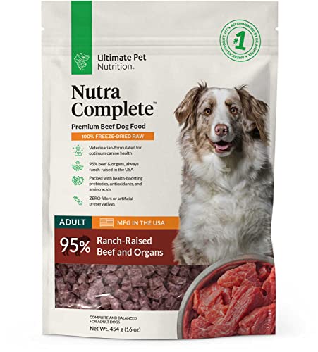 ULTIMATE PET NUTRITION Nutra Complete, 100% Freeze Dried Veterinarian Formulated Raw Dog Food with Antioxidants Prebiotics and Amino Acids, (Beef, 16 Ounce)