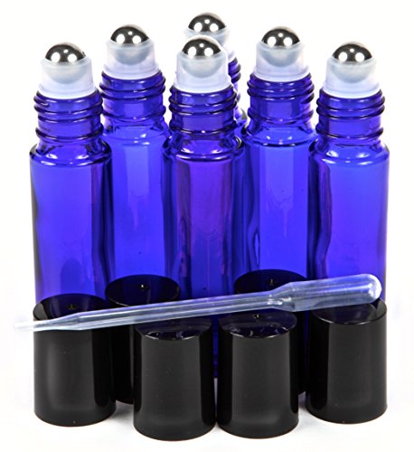 Vivaplex, 6, Cobalt Blue, 10 ml Glass Roll-on Bottles with Stainless Steel Roller Balls - .5 ml Dropper Included