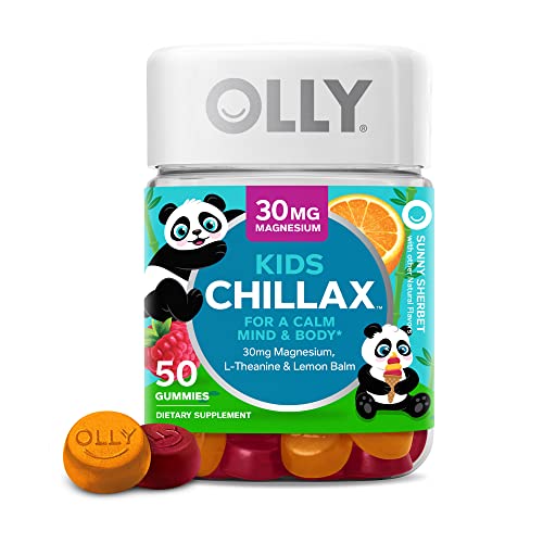 OLLY Kids Chillax, Magnesium Gummies Plus L-Theanine, Lemon Balm, Calm Chews for Kids 4+, Sherbet Flavor - 50 Count (Pack of 1)