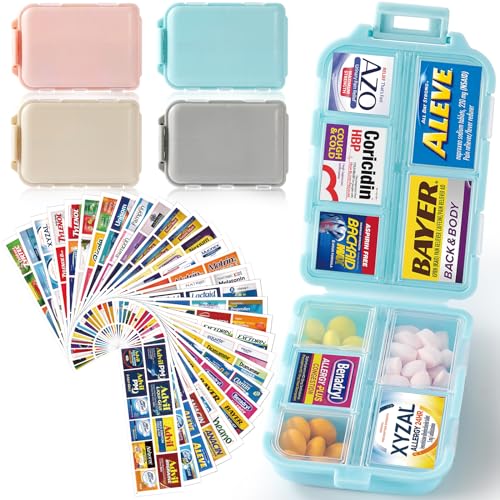 4 Pack Travel Pill Organizer Box w/ 297 Brand Labels & 84 White Labels, 10 Compartments Small Pill Case Medicine Kit, Portable Pocket Purse Pharmacy, Daily Weekly Vitamin Supplement Medication Holder