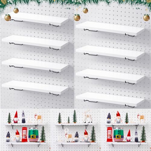 Qunclay 8 Pack Pegboard Shelf Set Wooden Pegboard Shelves with Metal Brackets Hook Wall Pegboard Shelving Heavy Duty Pegboard Shelf Pegboard Accessories for Crafts Home Office Garage Workbench (White)