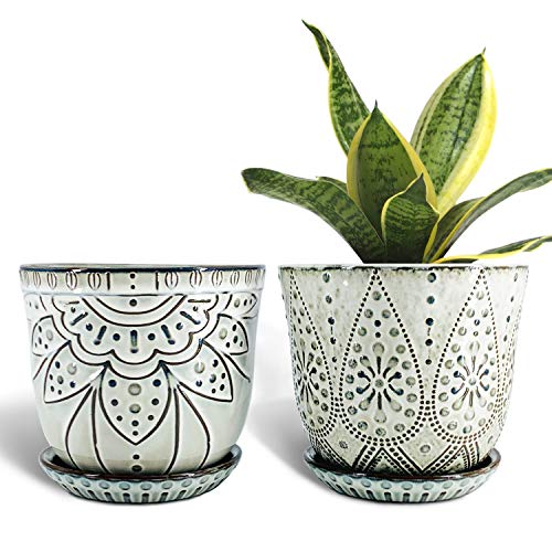 Gepege 6 Inch Beaded Ceramic Planter Set of 2 with Drainage Hole and Saucer for Plants, Indoor-Outdoor Large Round Succulent Orchid Flower Pot (Smoked Gray, Inner-pots not Larger Than 5 Inch)