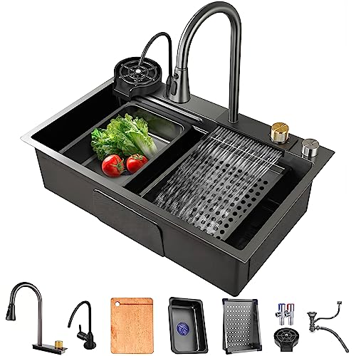 MWIDCIEW Drop In Kitchen Sink Gunmetal Gray Stainless Steel Waterfall Kitchen Sink with Pull Down Sprayhead Faucet Single Bowl Kitchen Sink Workstation with Multiple Accessories (26.8 x 17.7 inch)