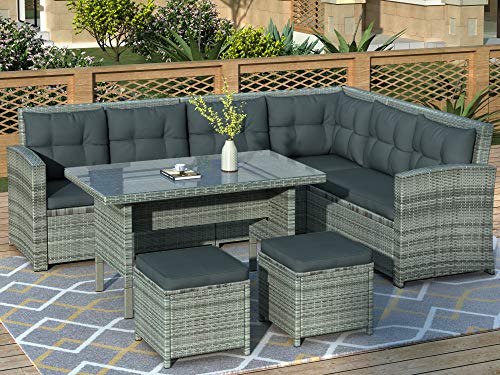 Morhome Patio Furniture, 6 Piece Wicker Rattan Dining Table and Ottomans, Outdoor Sectional Sofa Sets for Backyard, Lawn, Pool, L-Gray
