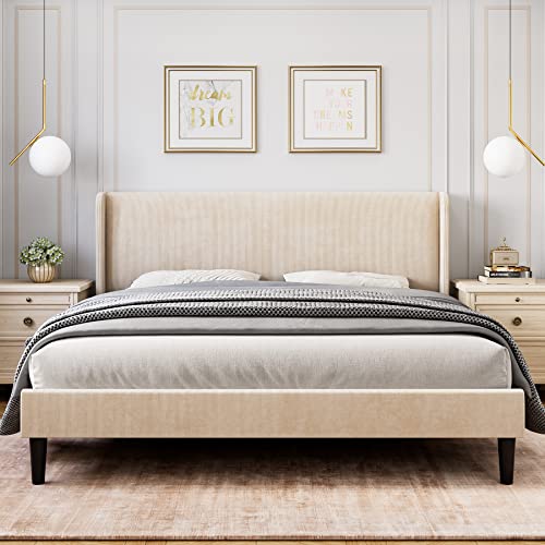 Assile Queen Bed Frame with Wingback & 2 Storage Pockets, Velvet Platform Bed with Upholstered Headboard, Solid Wood Slats Support, No Box Spring Needed, Noise Free, Beige