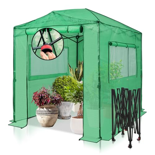 EAGLE PEAK 8x6 Portable Walk-in Greenhouse Instant Pop-up Indoor Outdoor Plant Gardening Green House Canopy, Front and Rear Roll-Up Zipper Entry Doors and 2 Large Roll-Up Side Windows, Green