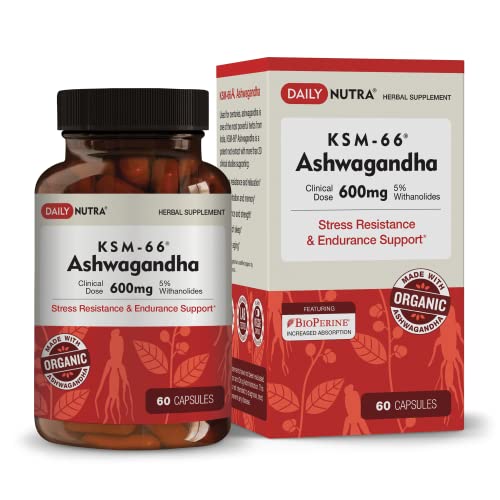 DailyNutra KSM-66 Ashwagandha 600mg Organic Root Extract - High Potency Supplement with 5% Withanolides | Relieves Tiredness, Supports Relaxation, Focus, Energy, & Muscle Growth (60 Capsules)