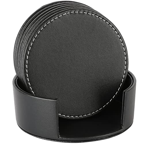 AUMISKY Set of 6 Leather Drink Coasters Round Cup Mat Pad for Home and Kitchen Use Black, 3.94