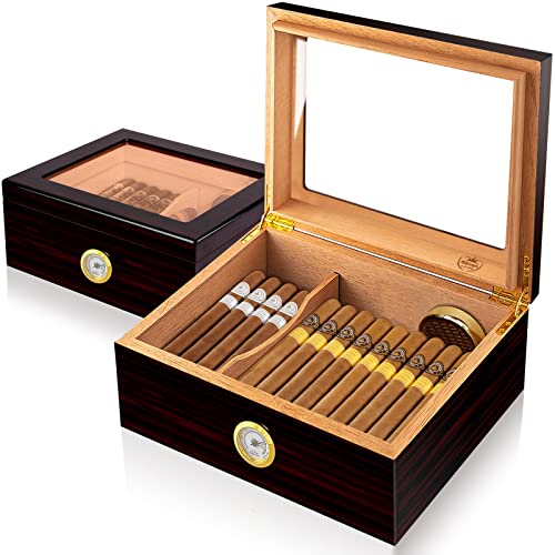 Slege Cigar Humidor, Humidor Cigar Box for Cuban Cigars,Glass-Top Humidor Spanish Cedar-Cigar Case,Humidore Humidifier,Divider,Hygrometer,Men