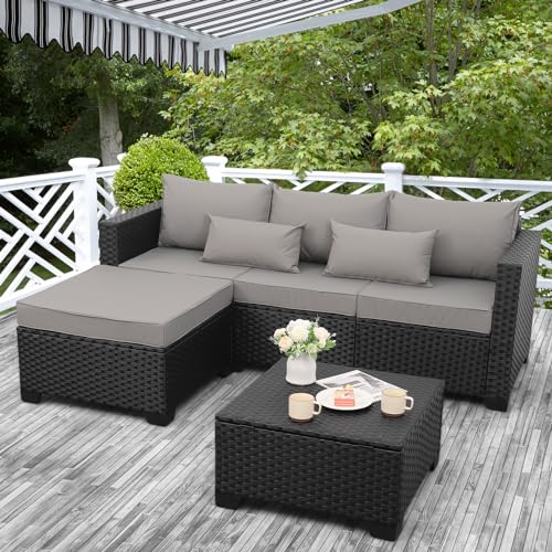 Rattaner 3 Pieces Patio Furniture Set Outdoor Sectional Wicker Patio Furniture Patio Couch with Ottoman and Outdoor Storage Table All-Weather Anti-Slip Cushions Waterproof Covers, Grey