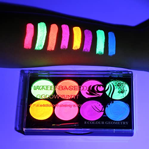 MEICOLY Glow UV Blacklight Face Paint, 8 Bright Colors Neon Fluorescent Body Painting Palette,Water Activated Eyeliner,Water Based Glow In The Dark Party Halloween Washable for Kids Adult Body Paint