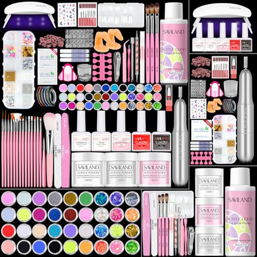 Saviland Acrylic Nail Kit with Drill: Professional Nail Kit Acrylic Set for Beginners with Everything Acrylic Powder Monomer Liquid Gel Nail Polish Nail Decoration U V Nail Light Gift Home Salon