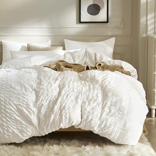 JELLYMONI White Duvet Cover Queen Size, 3pcs Washed Microfiber Bedding Set, Soft Breathable Seersucker Duvet Cover Set with Zipper Closure and Corner Ties for All Seasons