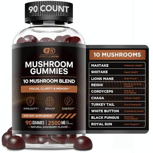 EFFECTIVE NUTRA Mushroom Gummies 10 Blend - Mushroom Complex 2500mg - Brain Booster, Immune Support, Energy - Mushroom Supplement for Men & Women (90ct)