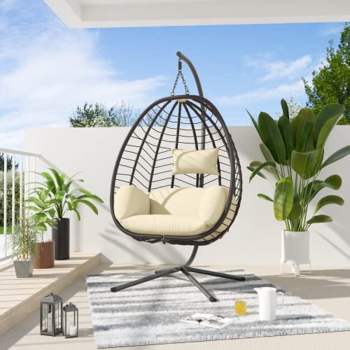 ALAULM Egg Swing Chair Outdoor Indoor Wicker Rattan Hanging Chair with Stand 350lbs Capacity w/Strong Frame & UV Resistant Cushions for Patio Balcony Bedroom (Cream)