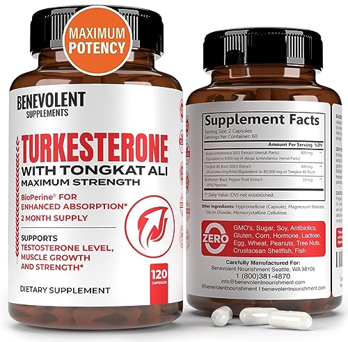 Turkesterone 8,000mg [Highest Purity] + BioPerine® for High Absorption Supplement with Tongkat Ali - Increase Stamina, Lean Muscle Growth & Recovery, Boosts Drive 3rd Party Tested 2 Months Supply