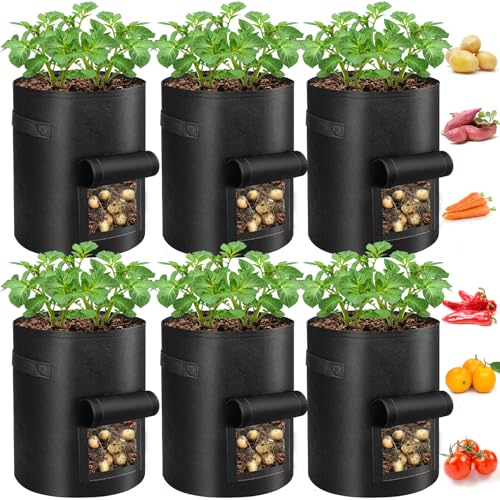 REMIAWY Potato Grow Bags, 10 Gallon 6 Pack Potato Bags for Growing Potatoes with Flap Harvest Window and Handle, Potato Planter Thickened Nonwoven Fabric Pots for Tomatoes Carrots Vegetables Fruits
