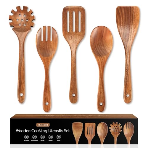 MULBOM 5 PCS Wooden Spoons for Cooking Natural Teak Kitchen Utensils Smooth Non-Stick Surface Cooking Utensils Set Perfect for Housewarming and Kitchen Gift